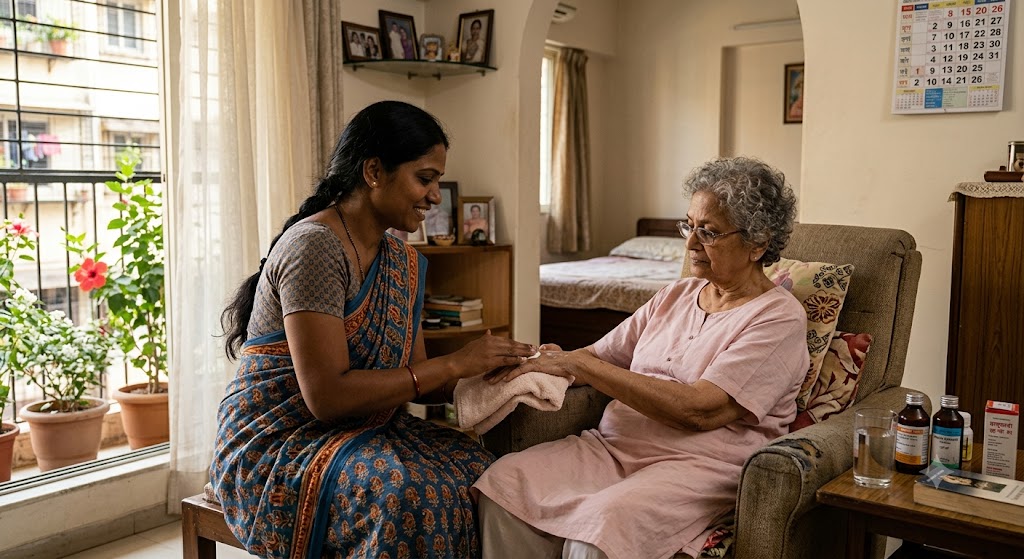 Caregiver talking with an elderly woman at home